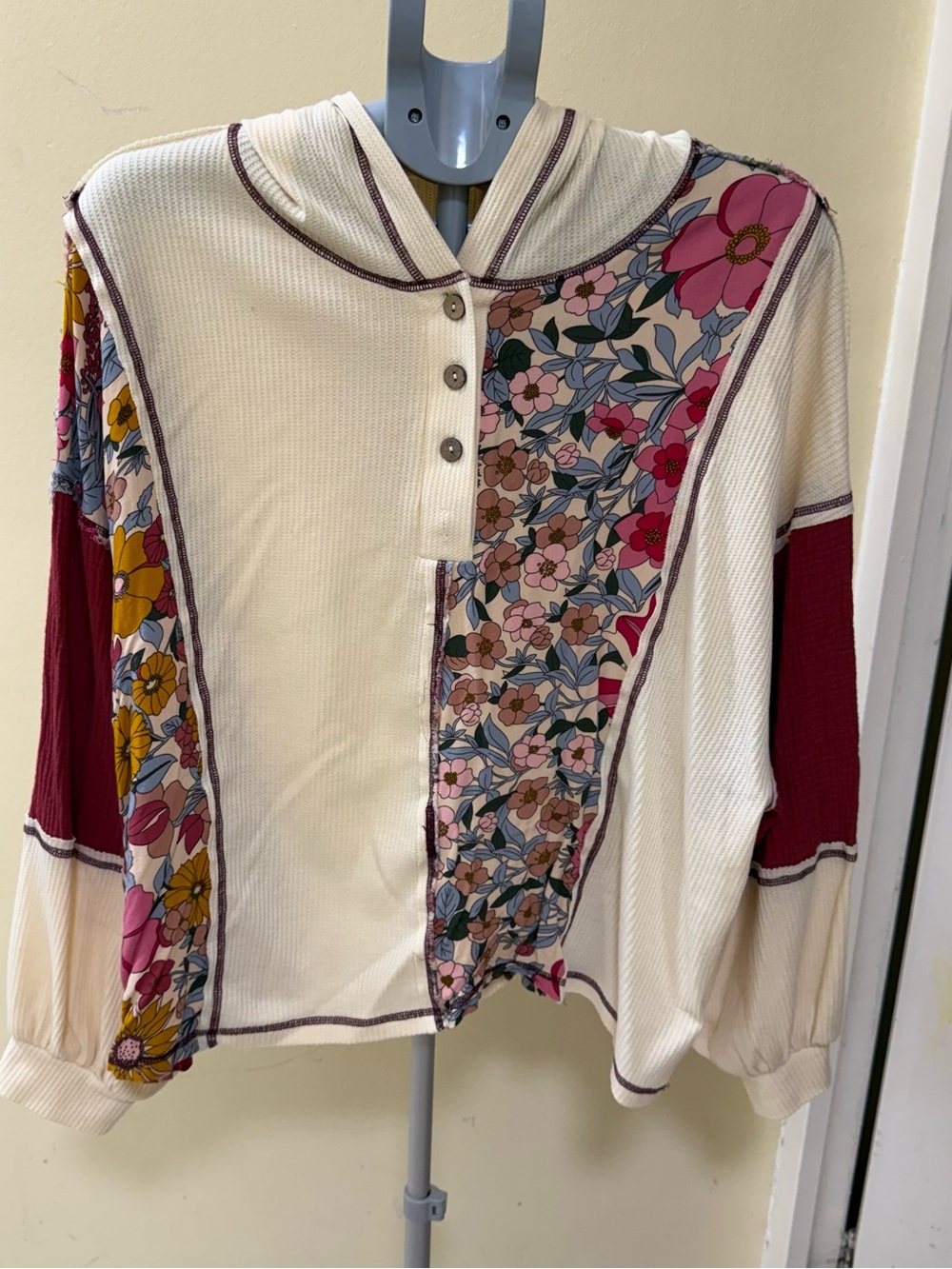 BiBi Cream Floral Patchwork Hooded Waffle Top with Burgundy Sleeves